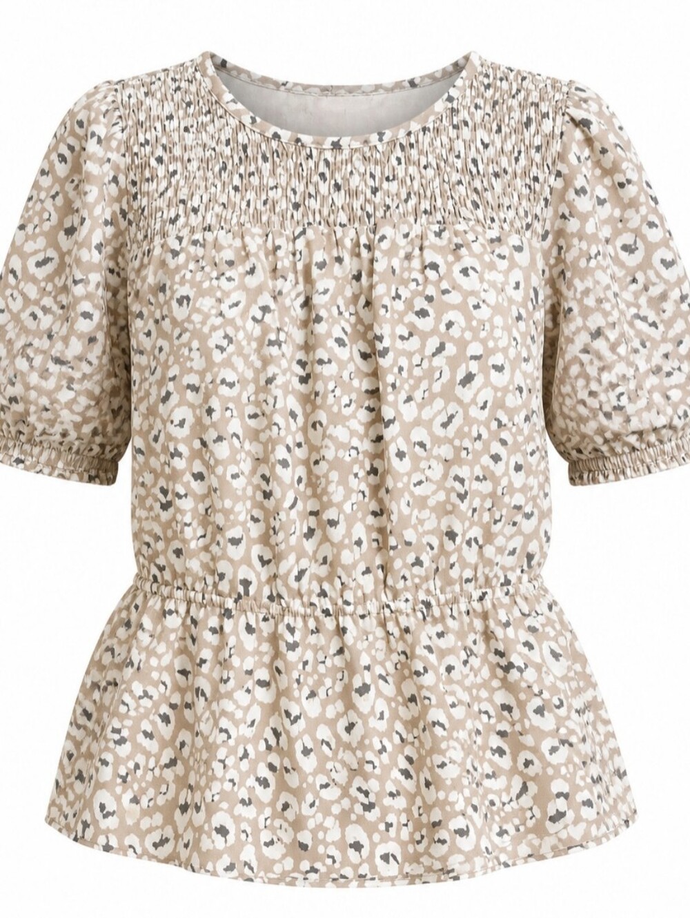Nine West Cream and Beige Animal-Print Smocked Peplum Top Peplum Large